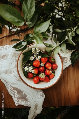Fresh Strawberries in a Bowl Surrounded by Greenery on a Wooden Table