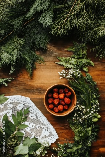 Baskets Filled With Fresh Strawberries and Lychees on a Wooden Table With Gre...