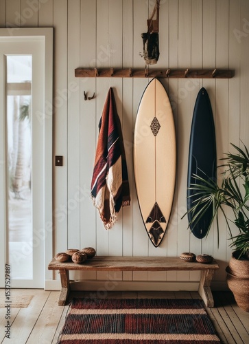 Stylish Coastal Living Room With Bohemian Decor and Surfboard on Display.