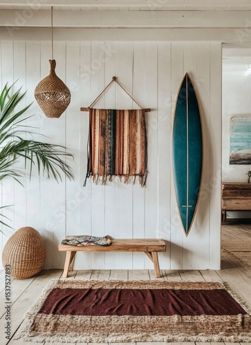 Stylish Coastal Living Room With Bohemian Decor and Surfboard on Display