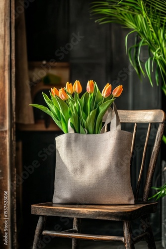 Fresh Tulips in a Tote Bag Brighten a Cozy Corner of a Stylish Kitchen Interior.