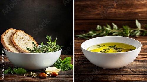 Fresh Herbs and Bread Arranged Beside Olive Oil for a Flavorful Tasting Exper...