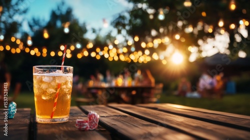 Refreshing Cocktail on a Wooden Table at a Lively Outdoor Party During Sunset