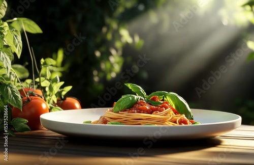 Delicious Pasta Dish Served With Fresh Basil in a Warm, Sunlit Kitchen Setting.