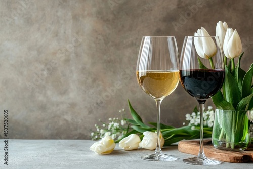 Celebration Setup With White Wine, Glasses, Tulips, and Corks on a Light Back...