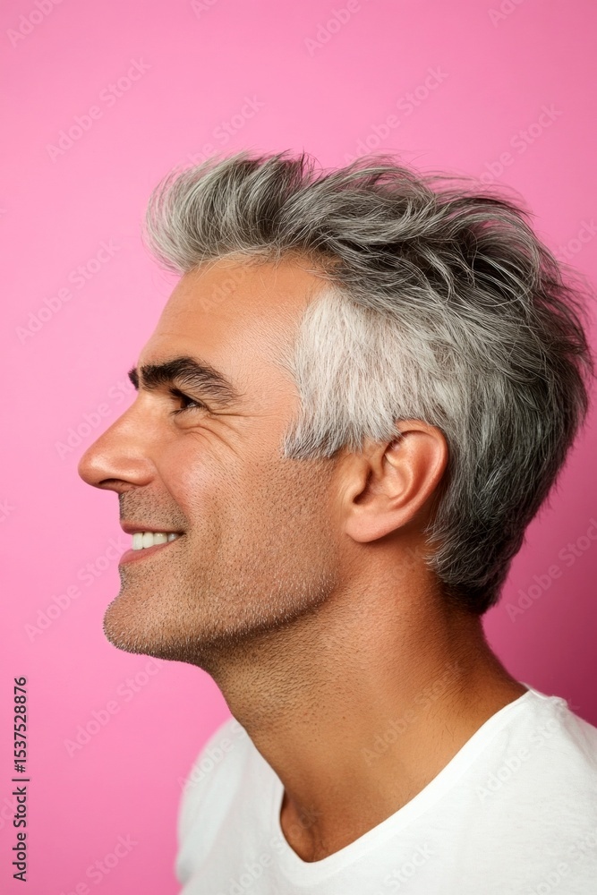 Fototapeta premium A man with timeless elegance and a natural smile. Pink solid background. Creative of style for aging men. Fashionable men's two-block cut haircut - midlife middle eastern man with middle hair.