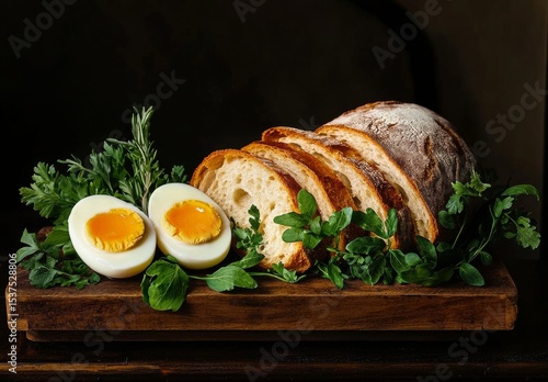 Egg-filled Bread Slices on a Wooden Platter With Herbs and Natural Light.