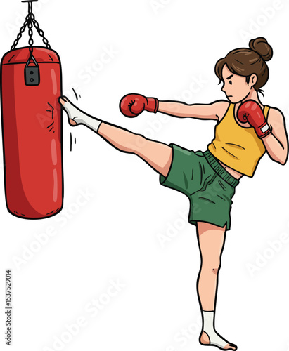 Woman practicing kickboxing with red punching bag and gloves in training session vector illustration 