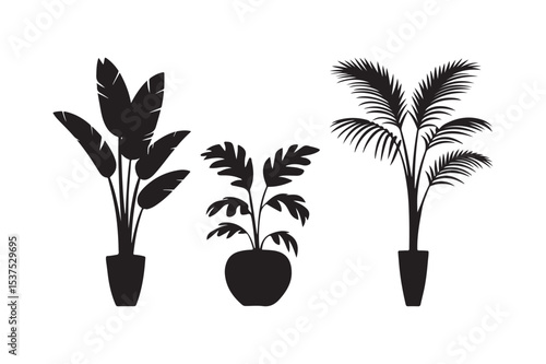 Indoor Houseplant Silhouette Vector Set Decorative Potted Leaf Plant Icons