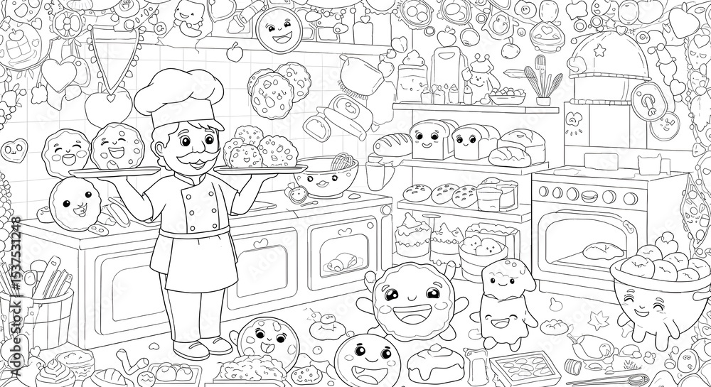 Fototapeta premium Cartoon chef presents a platter of smiling dough characters in a bustling bakery. A detailed black and white coloring page illustration.