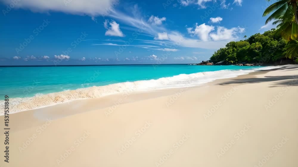 Idyllic tropical beach scene with turquoise water, white sand, and lush green vegetation under a bright blue sky with soft white clouds forming the horizon. Idyllic tropical beach scene with turquoise water, white sand, and lush green vegetation under a bright blue sky with soft white clouds forming the horizon.