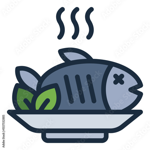 smoke fish filled line icon served as cooked seafood meal