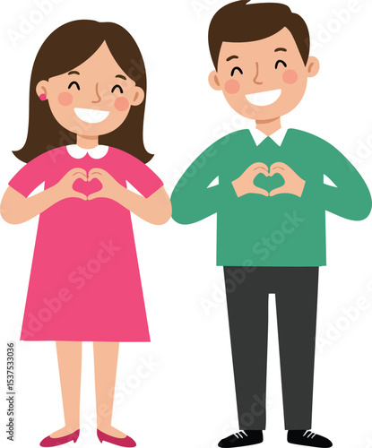 Smiling man and woman making heart shape with hands friendly couple illustration in casual clothes 