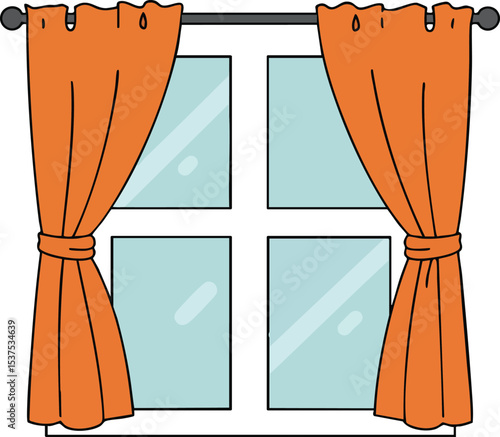 Window with orange curtains and tied back drapes in simple home interior design vector illustration 