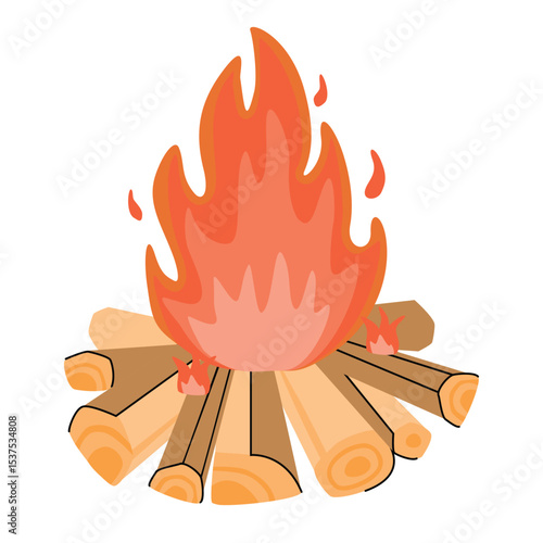 Tourist fire made of wooden logs. Chopped firewood laid in a semicircle and flames with sparks. Red, pink, beige, orange colors on white background. Vector cartoon design for banner, sticker, print.