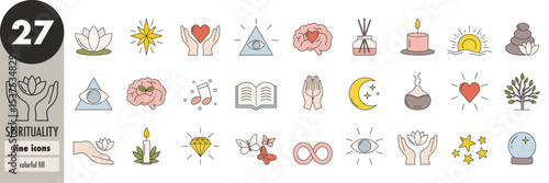Spirituality, mindfulness - thin line icons set, colorful fill. Meditation, self-care, inner growth, self-development, purity, enlightenment, wholeness, energy, intuition, prayer, vector illustration