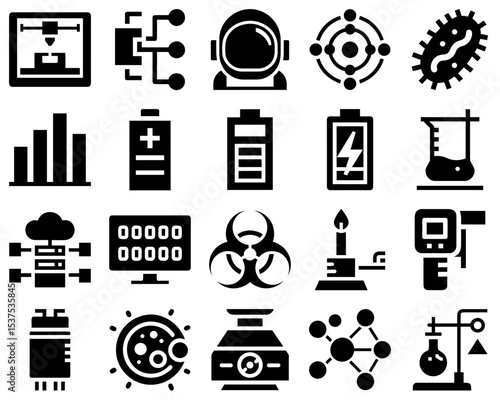 Science and Research Icon Set Featuring Black Silhouettes for Innovation
