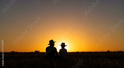 Pai e filho no campo ao pôr do sol – família rural brasileira no agronegócio