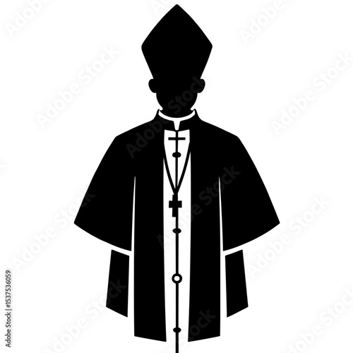 Minimalist black silhouette of papal vestments with white cassock and zucchetto cap