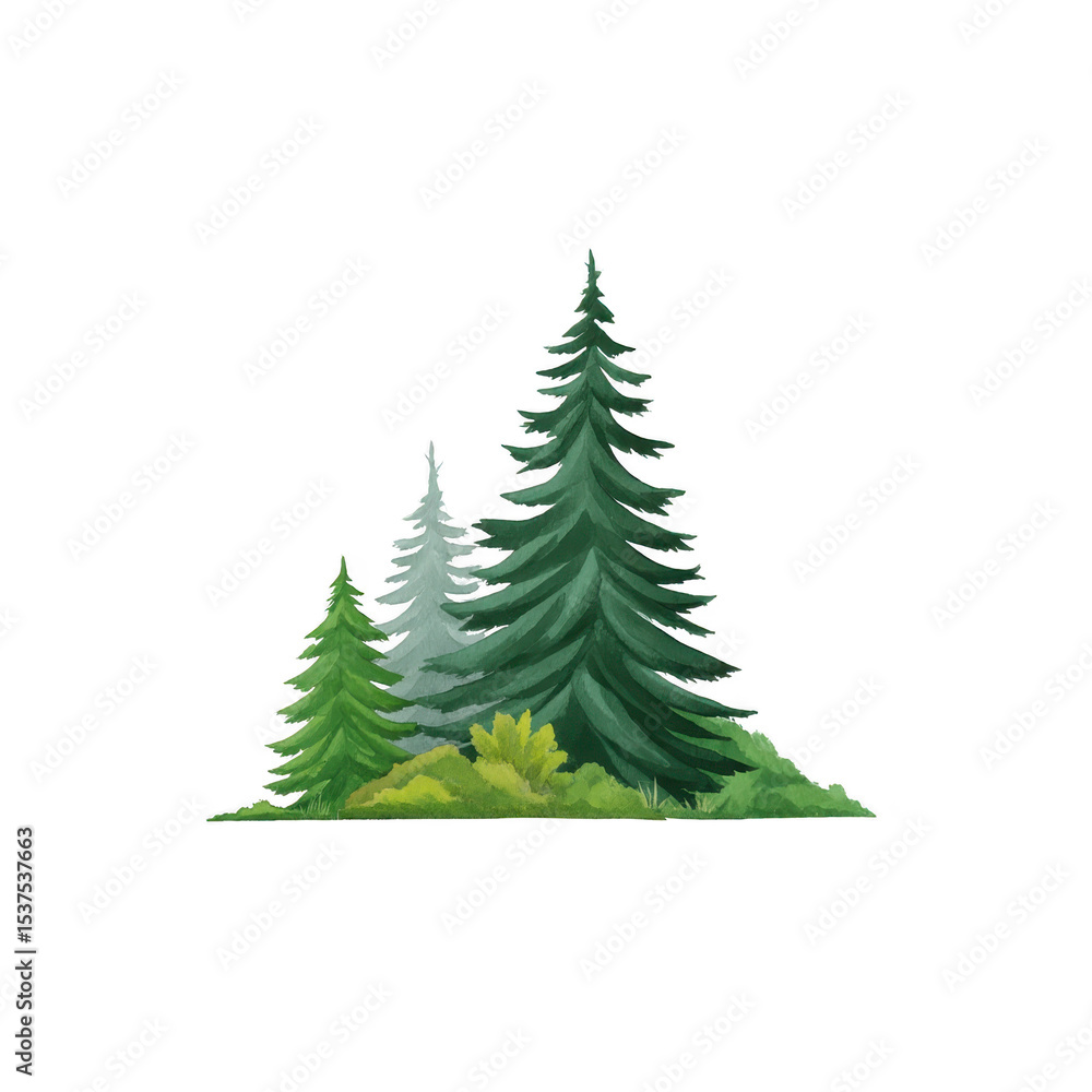 Cluster of evergreen trees, including tall pine and spruce, stands amidst lush green foliage, creating serene and natural forest scene. illustration captures essence of tranquility and nature Cluster of evergreen trees, including tall pine and spruce, stands amidst lush green foliage, creating serene and natural forest scene. illustration captures essence of tranquility and nature