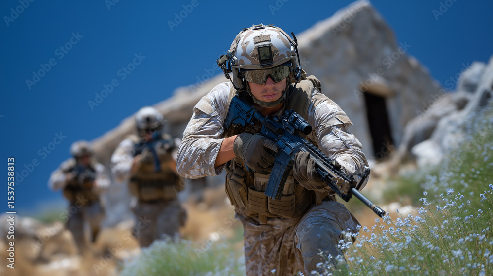 Fototapeta premium Soldiers in Training Breach Mock Building for Real-Life Scenarios