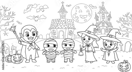 Wallpaper Mural Adorable Halloween Coloring Page Cute Monsters & Spooky Scene Torontodigital.ca