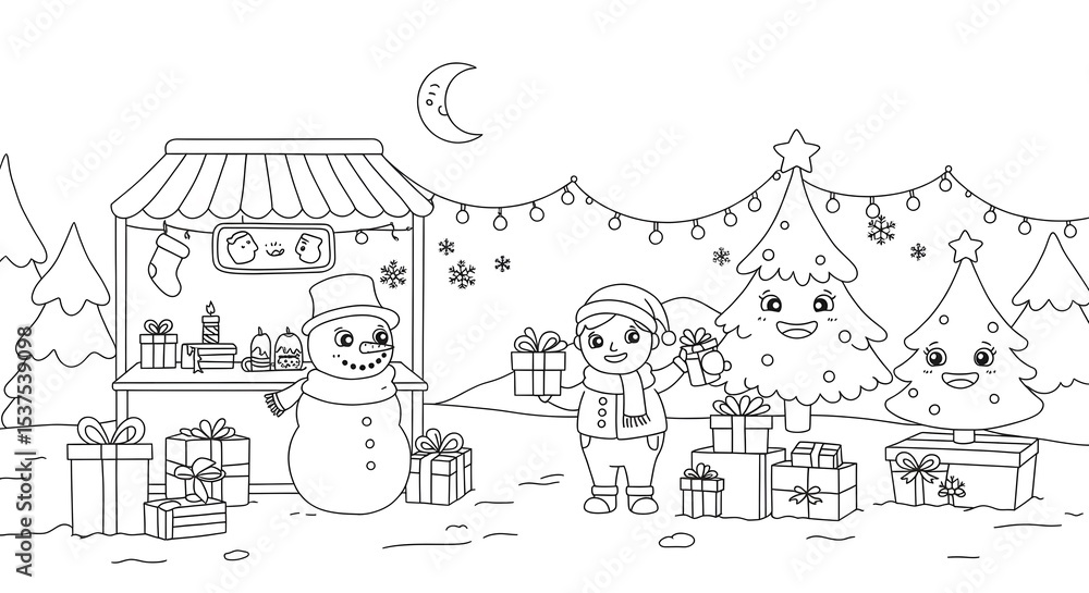 Fototapeta premium Charming Winter Market Scene A Festive Coloring Page
