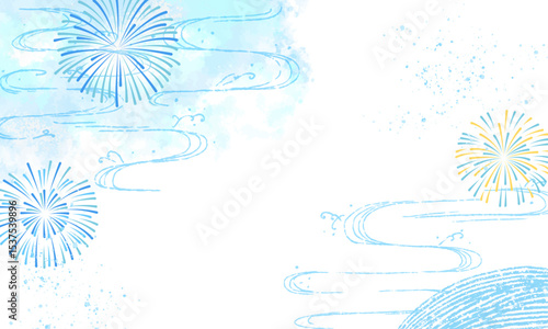 夏の花火と流水紋の水彩フレーム