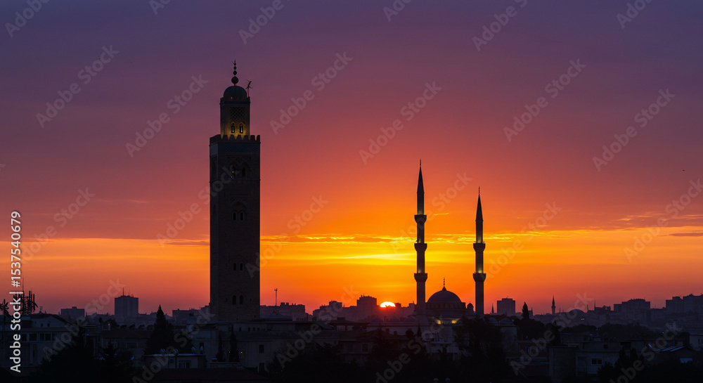 Naklejka premium Golden Sunset Behind Mosque Minaret Silhouette