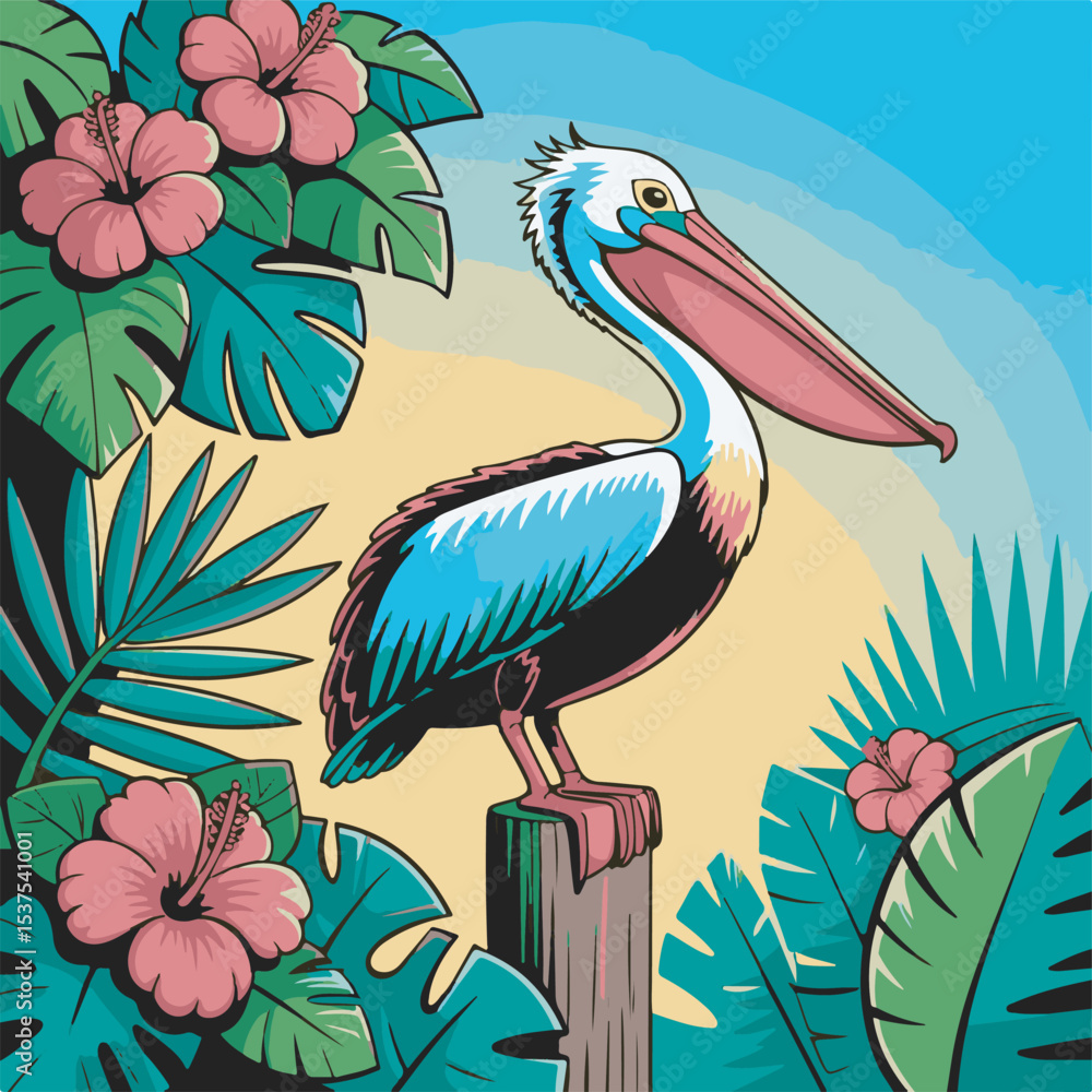 Fototapeta premium Brown Pelican Tropical Bird Hibiscus Flowers Green Leaves Yellow Background