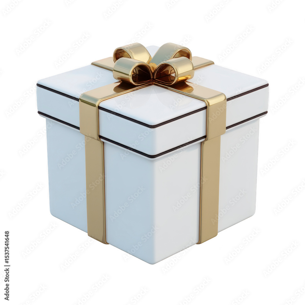 Obraz premium Beautifully wrapped white gift box with shiny gold ribbon and bow, perfect for special occasions like birthdays, weddings, or holidays, conveying sense of celebration and joy
