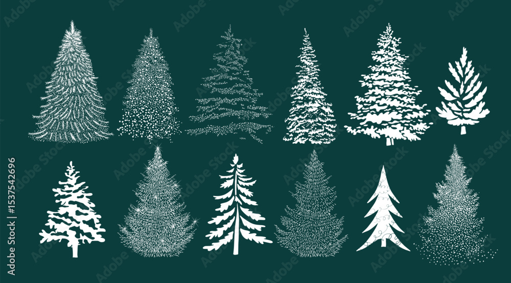 Obraz premium Set of graphic snowy Christmas trees. hand drawing. Not AI. Vector illustration.