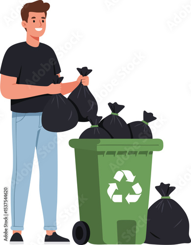 Man carrying black garbage bags to green recycling bin for waste disposal and environmental cleanliness vector illustration 