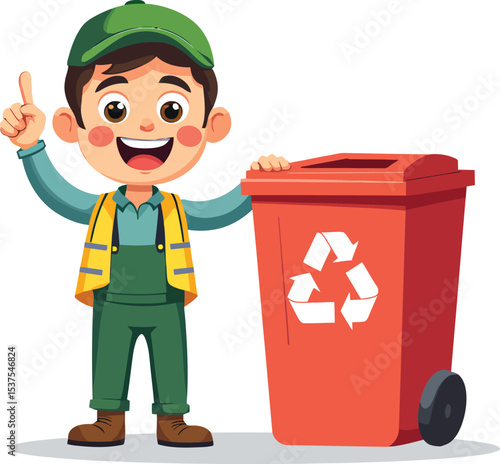Recycle education for kids illustration featuring a boy with recycling bin cartoon vector art
