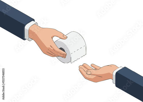 Human hands exchanging white toilet paper roll in isometric style vector illustration for hygiene and health care concepts 