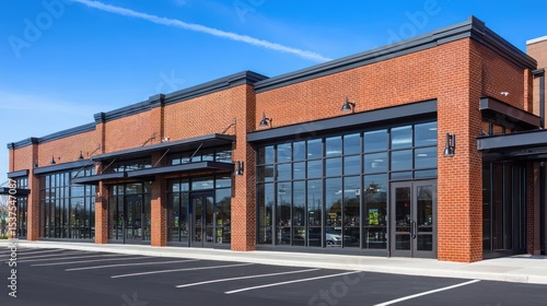 Modern red brick commercial building with glass windows and black metal awnings, parking
