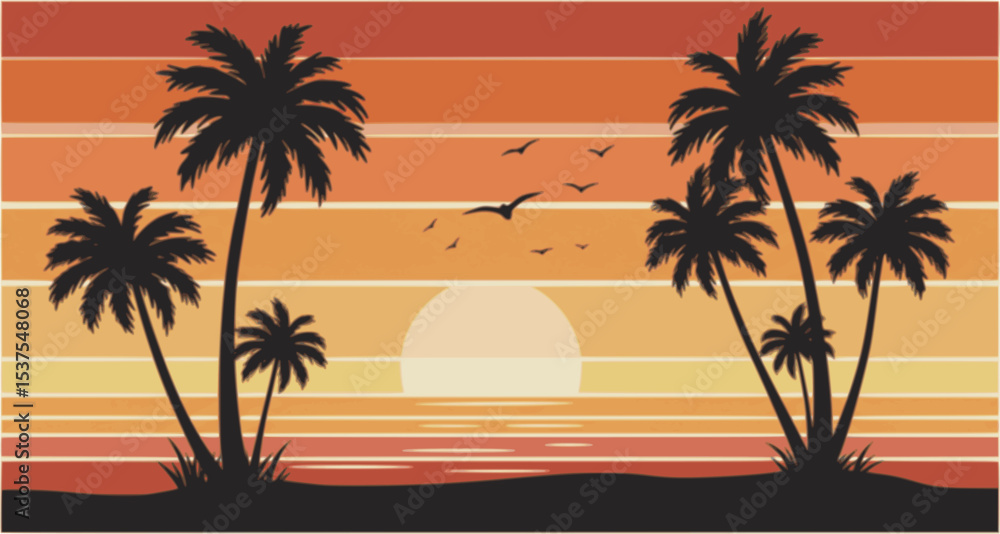 Obraz premium retro sunset beach palm trees silhouettes vector illustration