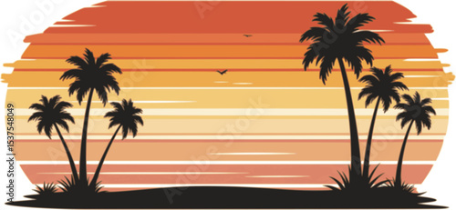 retro sunset beach palm trees silhouettes vector illustration
