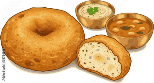 Vector Illustration of Indian Snack, Vada or Vadai with chutney
