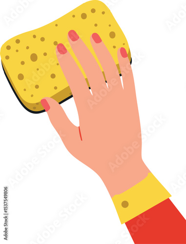Hand holding yellow sponge cleaning surface with red sleeve vector illustration for hygiene and household chores 