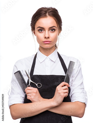 female hairdresser holding scissors and comb, neutral expression, white background