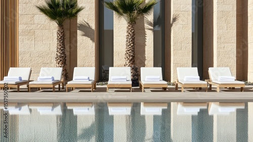 Poolside area of beach resort with towels on recliners, palm reflections in water