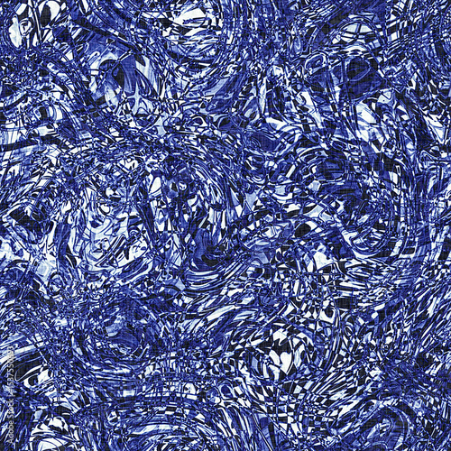 Dye wash indigo blue textur fabric effect background, Seamless glitch patched pattern in masculine Japanese block print style. 