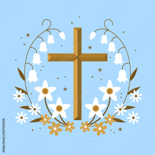 Christian Cross with flowers. Design for Easter, Epiphany, Christening, invitations, postcards, packagin