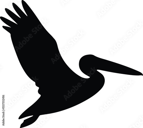 Silhouette pelican bird flying in black vector illustration