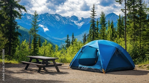 Tourist tent setup in national park campground with picnic table and scenic views