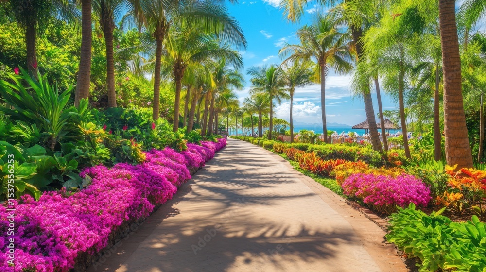 Fototapeta premium Tropical garden path at beach resort with colorful plants and soft sand underfoot
