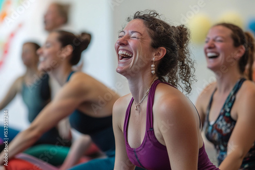 Joyful yoga class participants share laughter and connection during a morning wellness session in a bright studio environment
