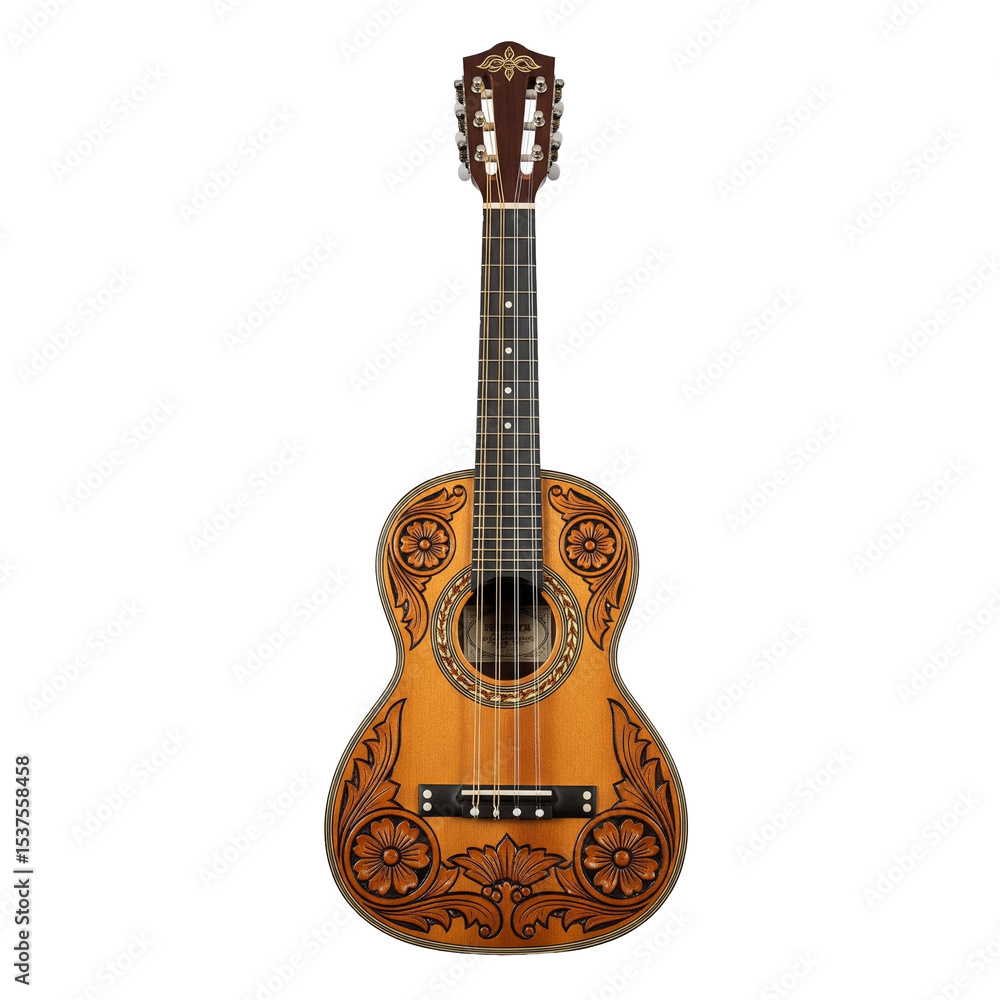Naklejka premium A beautifully crafted acoustic guitar with intricate floral designs on the body. The guitar has a natural wood finish and a classic shape, suitable for music lovers.