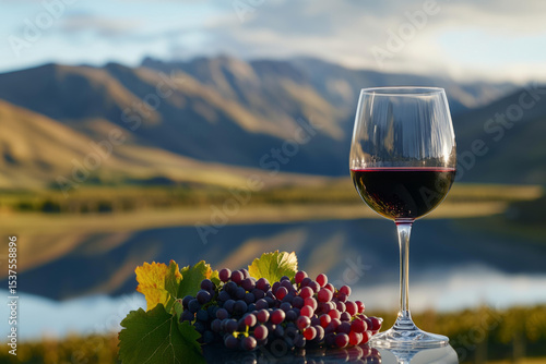  Scenic New Zealand winery landscape with wine glass, ripe grapes by lake and mountains